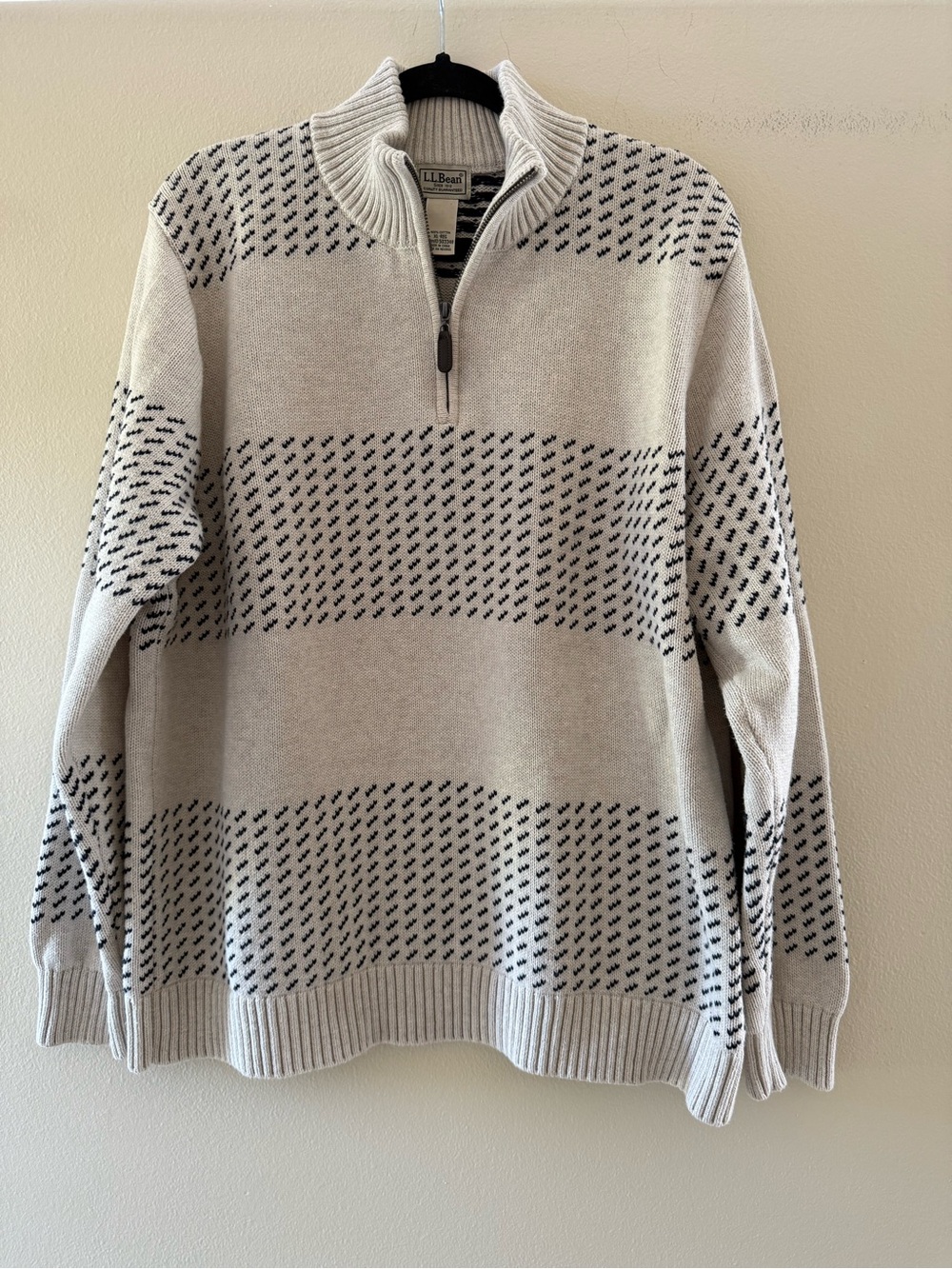 L.L. Bean Men's Cream and Navy Quarter Zip Heavyweight Cotton Sweater